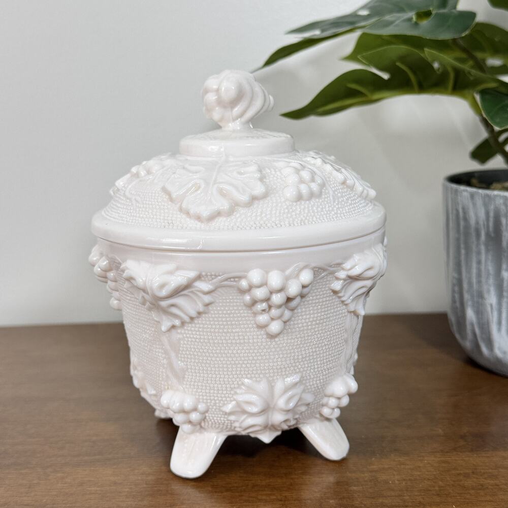 Vintage Pink Milk Glass Lidded Trinket Box Candy Dish Grape Hobnail Footed